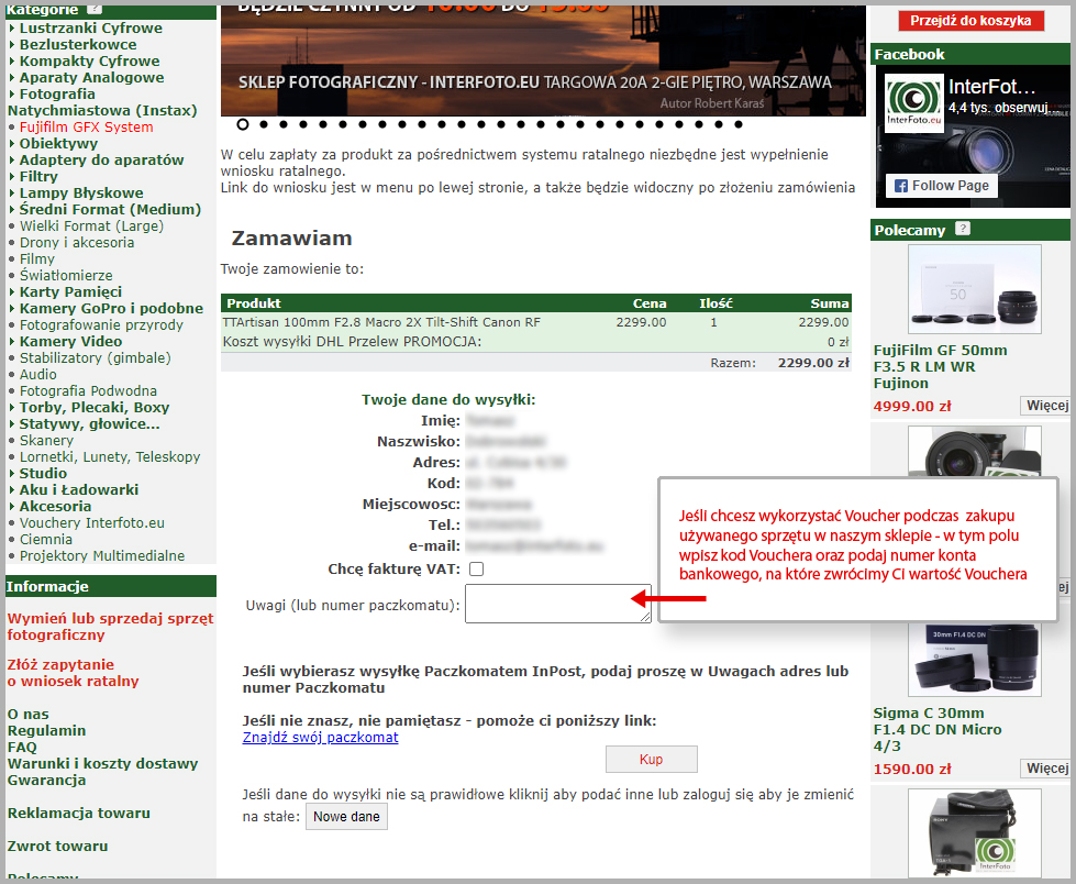 Procedura w przypadku zakupu przez sklep internetowy InterFoto.eu dla zalogowanego użytkownika
